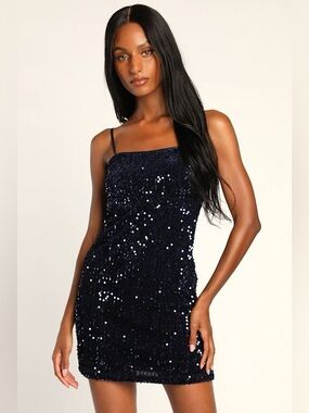 Lulus Sparkling Sophistication Navy Blue Sequin Sleeveless Mini Dress Large L